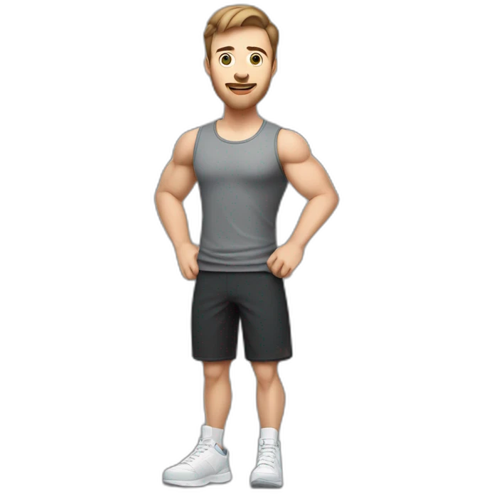 Full height Actively gesturing with hands Pale skinned Fit Man With the biceps and brown hair in dark gray Sleeveless Mike, black oversize sports shorts, watch and white Sneakers emoji