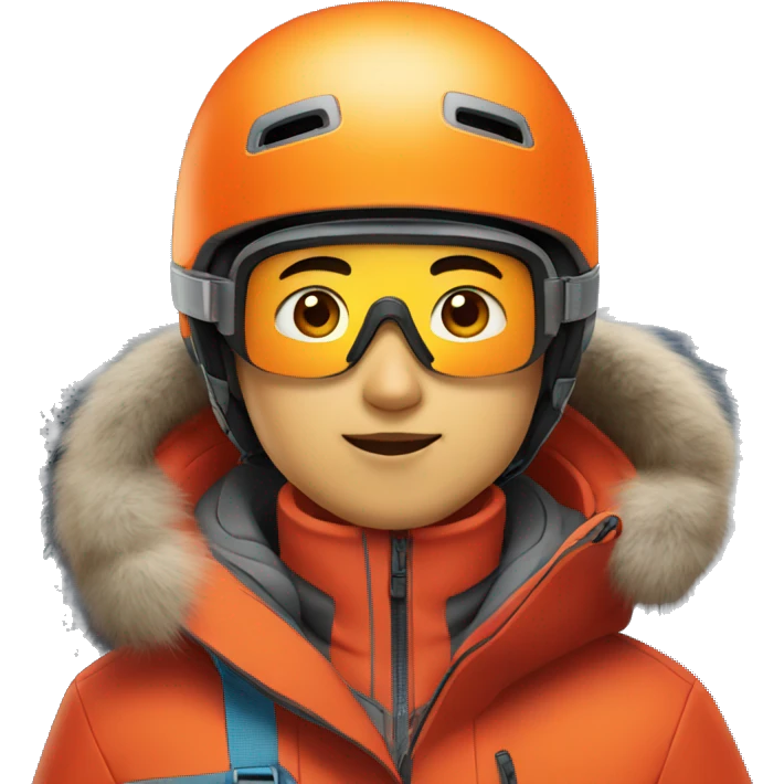 asian boy expert skier with red jacket with orange helmet emoji