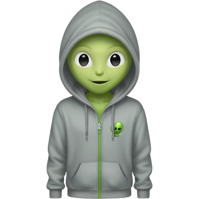 green alien in gray hoodie full height, wear hoodie hat, happy emoji