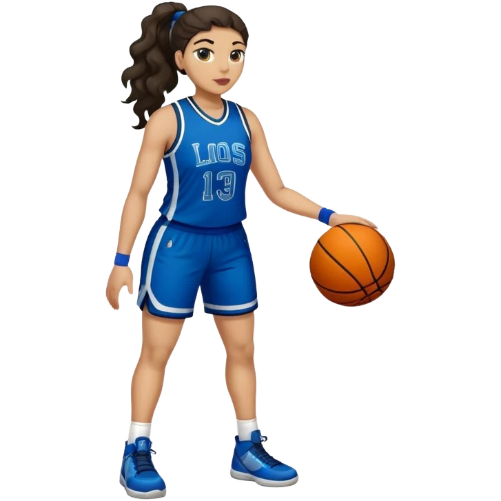 full body plus size light skin latino women basketball player with wavy dark hair in pony tail wide nose wearing blue uniform with green accent emoji