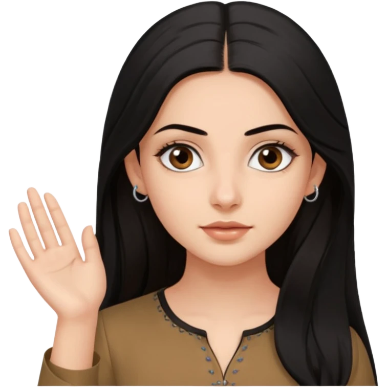 a pretty bratz fair girl with long black hair, kajal under eyes, small silver hoop. brown kurti on emoji