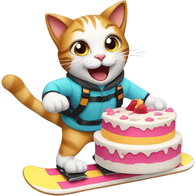 cat snowboarding with a birthday cake emoji