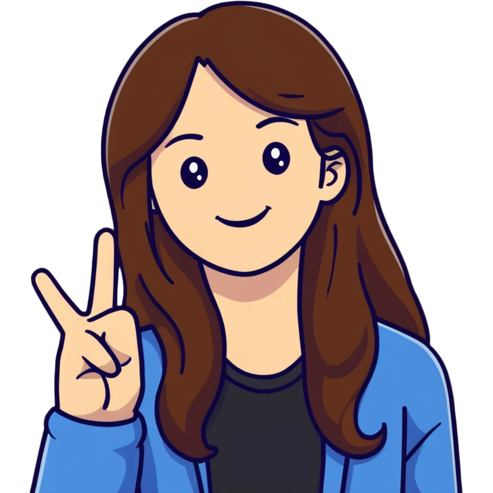 Young woman with long brown hair, smiling, making peace sign, TikTok star emoji