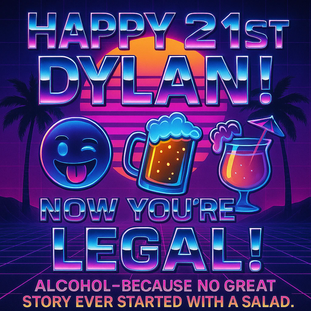 Completely change the style to vaporwave: neon colors, retro 80s grid, palm trees, synthwave sunset, chrome text, and keep the funny drink quote. Make it look digital and bold. emoji