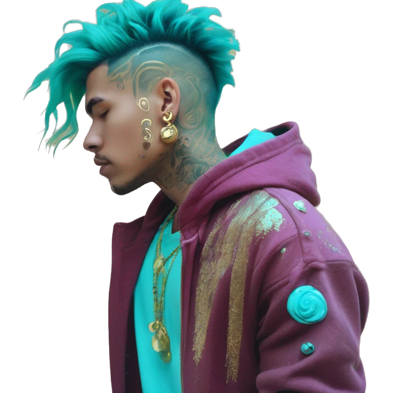 Vintage grunge patina intricate swirls gold jewellery baroque golden sparkle tropical Deep pink maroon burgundy cyan dark hoodie man dyed hair gold piercings nose piercing ear piercings emoji