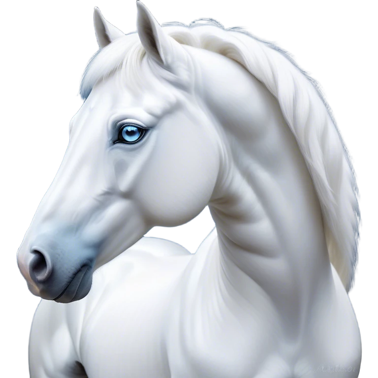 Cinematic Noble White Horse Portrait Emoji, Poised and regal, with a strong, athletic build and a pristine, well-groomed pure white fur, deep-set soulful blue eyes, Simplified yet sharp and sophisticated features, highly detailed, glowing with a soft, dignified glow, high shine, intelligent and majestic, stylized with an air of ethereal grace, focused and attentive, soft glowing outline, capturing the essence of a watchful and confident steed, so majestic it feels as though it could gallop out of the screen with effortless authority! emoji