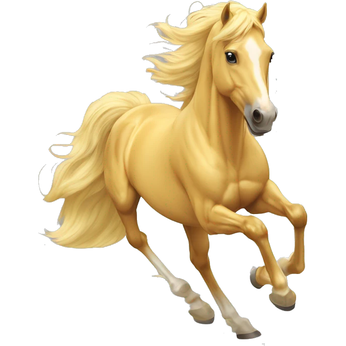Yellow palomino horse with long flowing mane galloping with prosthetic leg, slender horse, solid yellow horse, running, yellow horse galloping with prosthetic leg, pretty horse emoji