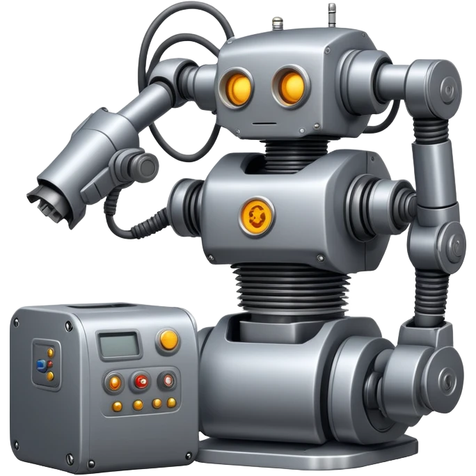 Industrial robot with exposed wiring and heavy metal plating emoji