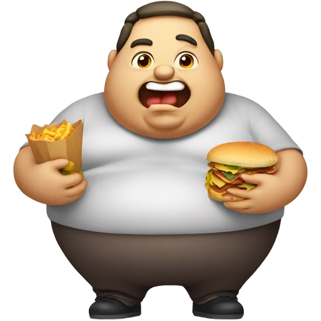 Overweight cartoon character with mouth and hands full of food emoji