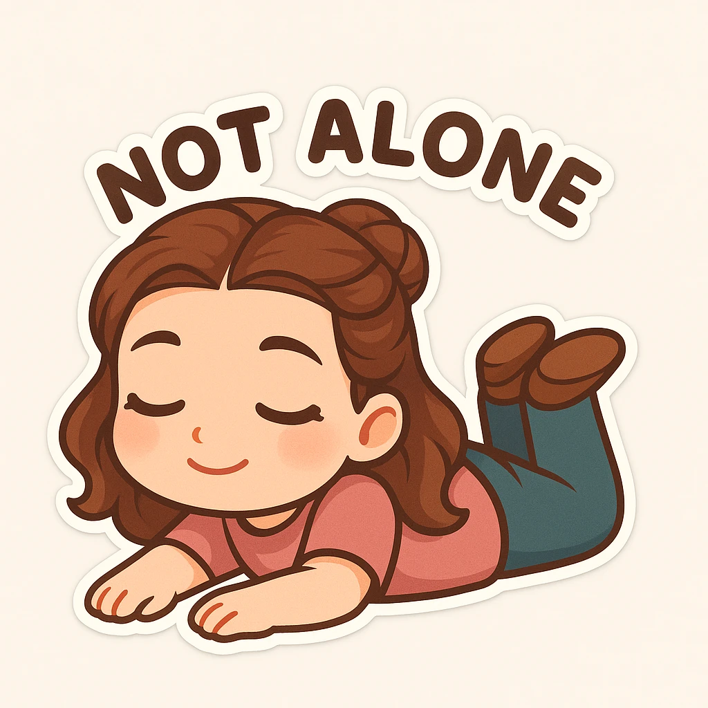 Create a chibi sticker of the girl from the reference image, lying on the ground with a 'not alone' vibe, relaxed and gentle expression. emoji