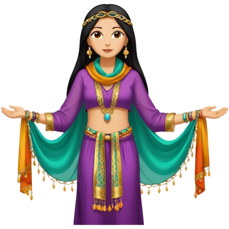 Mujer joven, morena, 
Negro, largo y brillante, suele ir cubierto parcialmente por un velo o pañuelo oriental.inspiración árabe: túnica colorida , con detalles dorados o lentejuelas; brazaletes y pendientes.cuerpo entero emoji