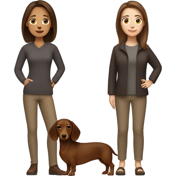 A woman with straight shoulder length brown hair holding a brown dachshund  emoji