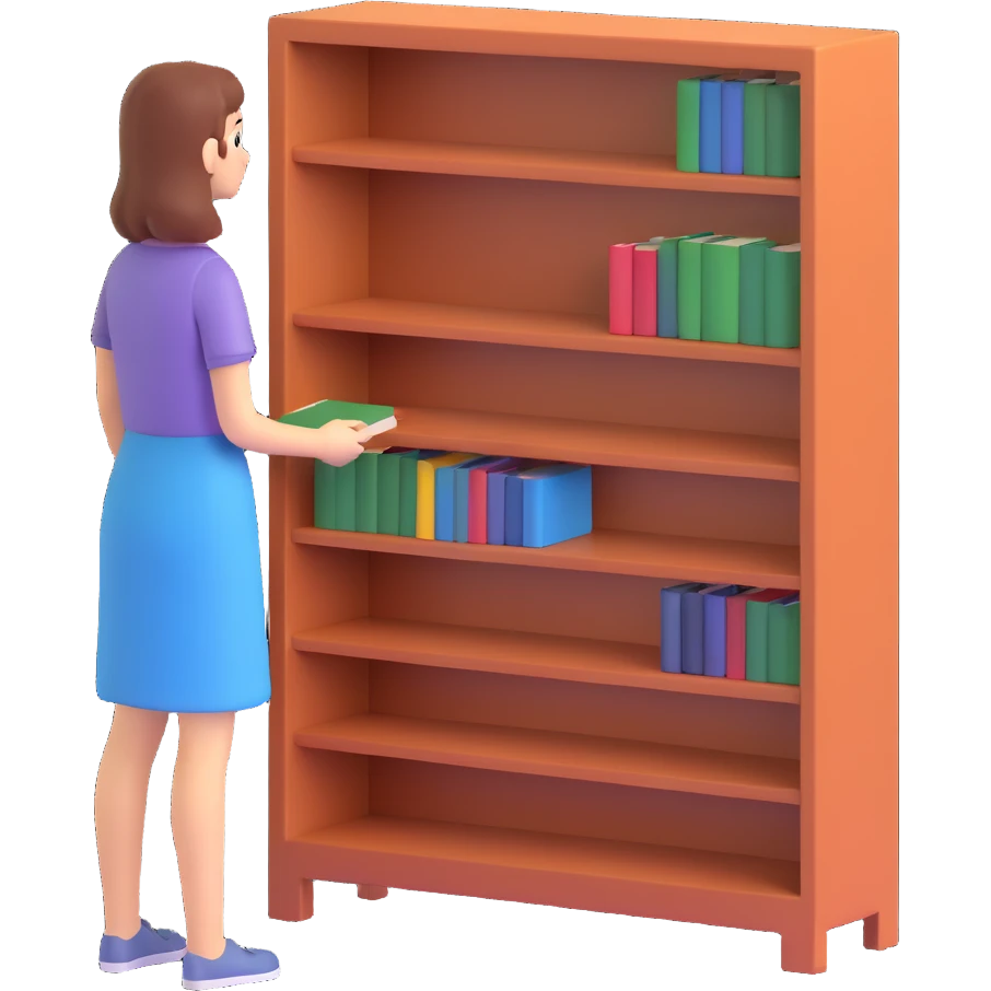 a woman looking at a small bookcase emoji