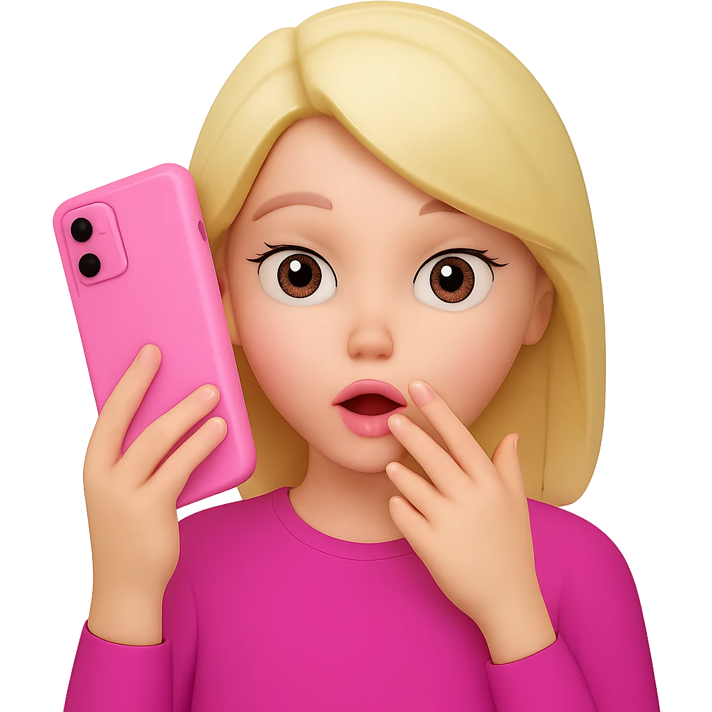 Add a phone in her hand, all pink, Gossip Girl vibe, in the style of apple emojis. Remove the background. emoji