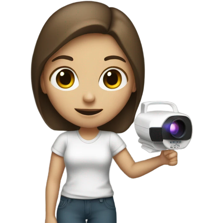 White girl with brown hair holding a projector, shaking her finger no emoji