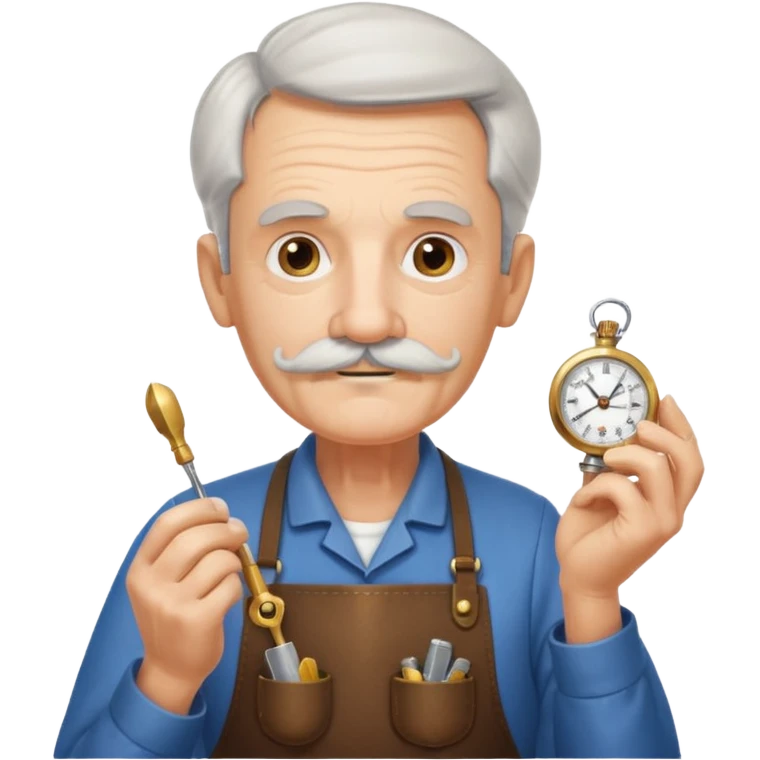 A gentle elderly inventor with tidy mustache, apron, and miniature clockwork device.
 emoji