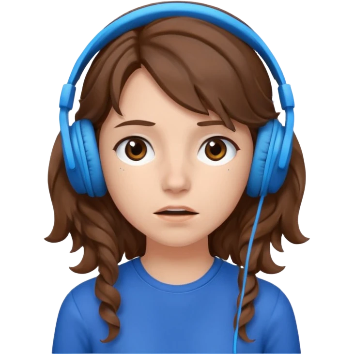 An upset girl with wavy hair listening to music with blue headphones emoji