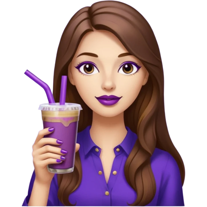 girl with long brown hair, wine lipstick, gold nails, drinking a blueberry butter pecan iced coffee with a purple straw  emoji