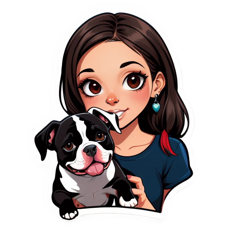  beautiful girl with choppy long dark hair with her nose piercing and her black iPhone with her her pet pit bull girl with an underbite layed next to her emoji