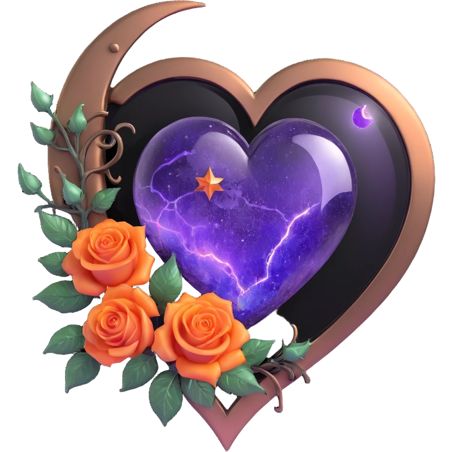 gothic heart made of bronze glass, silver crescent moon, orange roses, holographic stardust, neon purple lightning, wet and cracked glass emoji