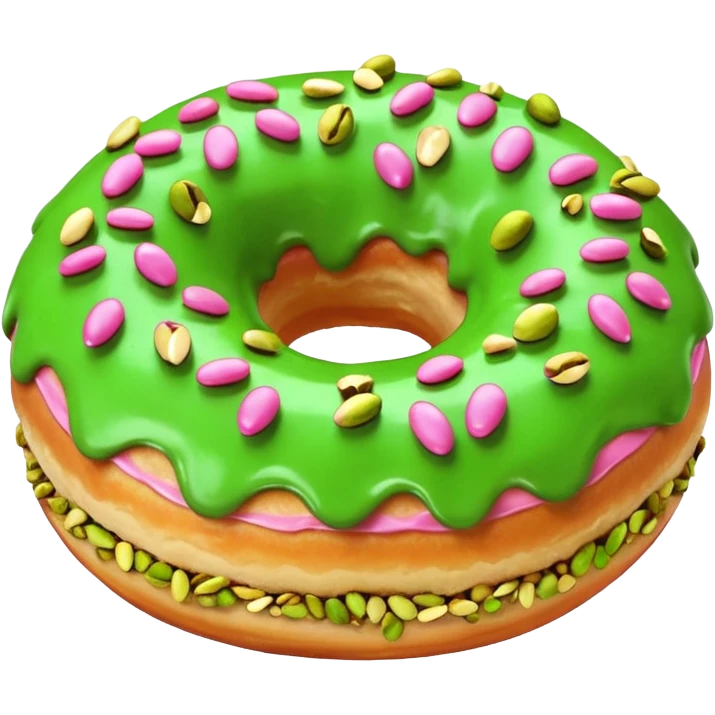 Donut with green frosting, pink drizzle & crushed pistachios emoji