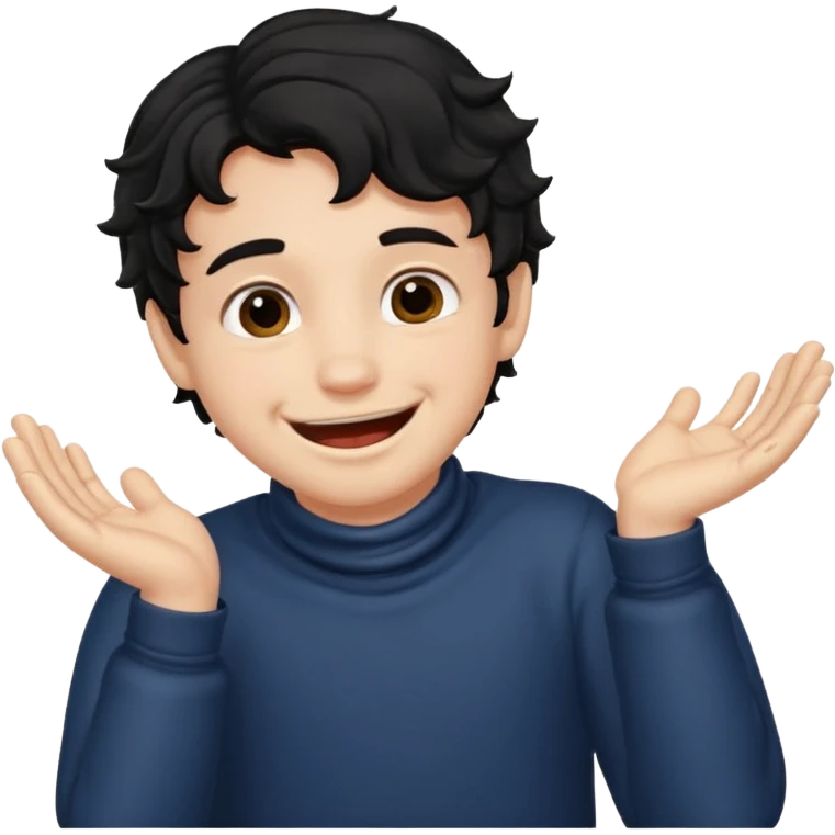 a boy with black wavy hair smiling very big but strangling his neck with his hands emoji