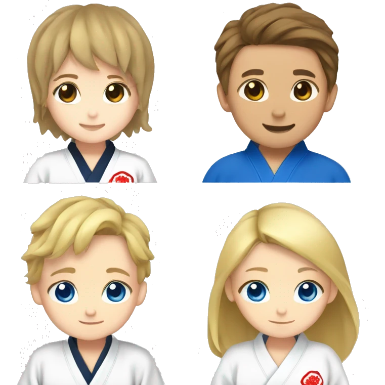 boy with brown hair and eyes and girl with blonde hair and blue eyes in kimono judo emoji