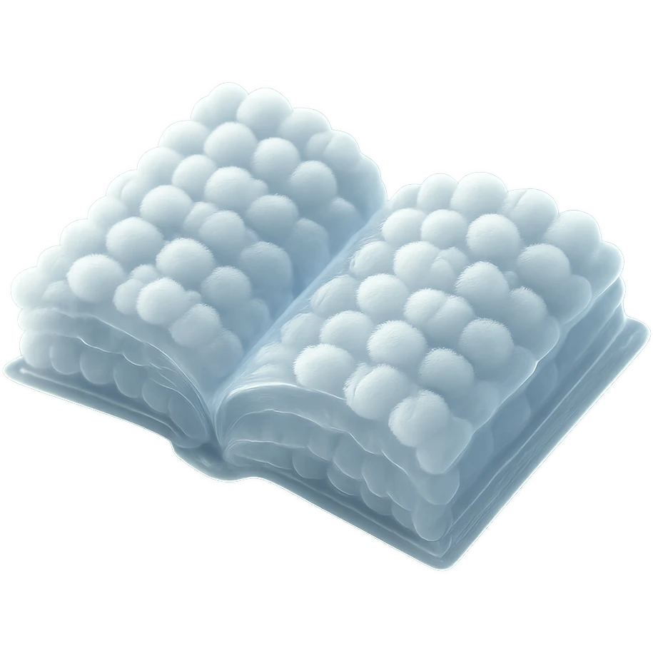 top view of a thick open book made entirely of small, very bright white fluffy convex clouds, matte glass style emoji