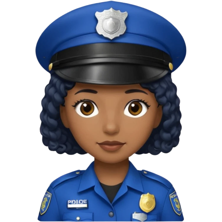 A female police officer with medium-dark skin tone, wearing a dark blue police cap with a silver badge in the center, short curly black hair showing from under the cap, large brown eyes, and a slight smile. emoji