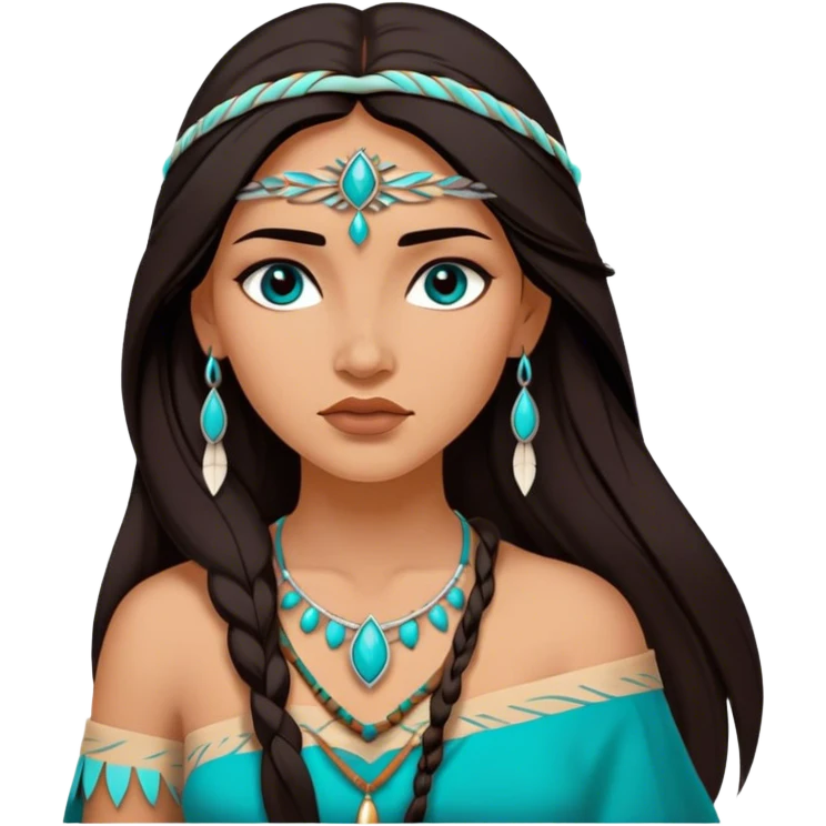 Cinematic Realistic Elegant Pocahontas Portrait, depicted with sun-kissed, warm skin rendered in lifelike detail and soft, natural lighting that accentuates its gentle glow. Her long, flowing dark hair is intricately detailed with natural movement, and her wise, expressive eyes shine with a deep, serene intensity. She is dressed in traditional attire with rich earthy tones and subtle turquoise accents, each fabric fold and texture rendered authentically. The portrait exudes a natural radiance that captures the timeless, indigenous beauty of Pocahontas with depth and authenticity. emoji