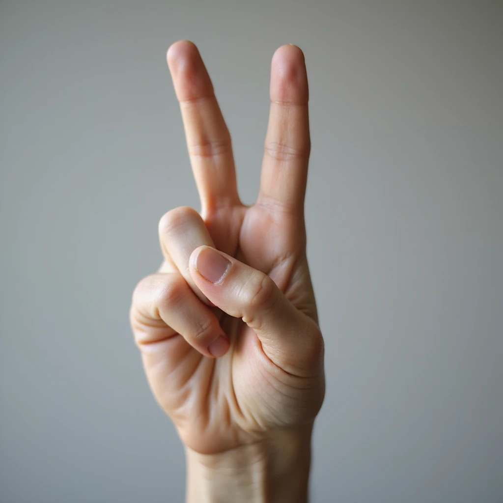 photorealistic hand showing the ASL R sign, index and middle fingers crossed, palm out, lifelike details and lighting emoji
