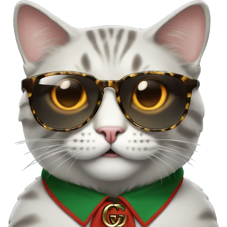cool emoji cat, wearing gucci glasses, with glowing grills and fangs emoji