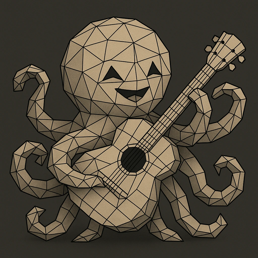 happy octopus with multiple arms playing guitar emoji