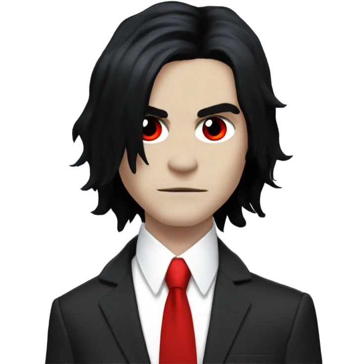 Gerard way with black hair that goes to his shoulder, red suit with a red tie, and red eye makeup, from the three cheers for sweet revenge era emoji