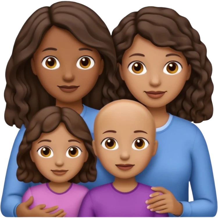Simple family emoji where the dad is darker skinned and bald, the mom is lighter skinned with brown hair. Also two daughters with one having slightly darker skin and black wavy hair. The other daughter with lighter skin and wavy brown hair. emoji