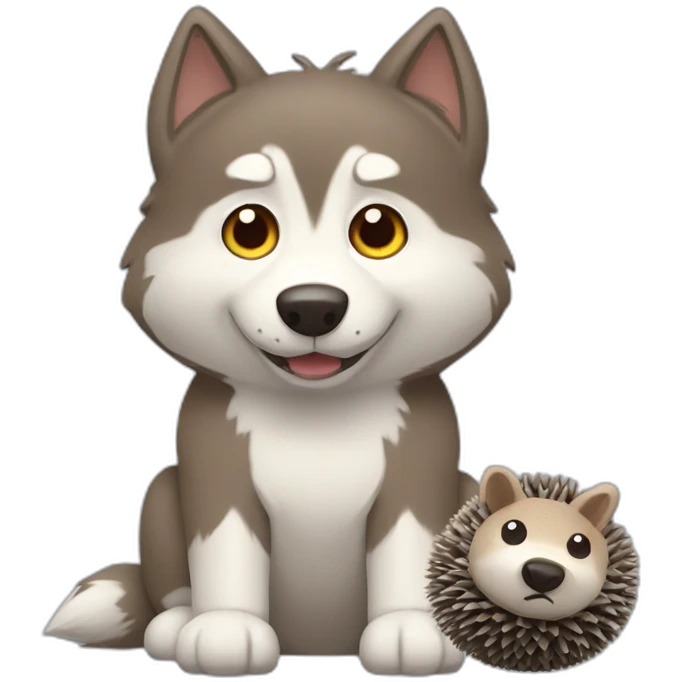 Brown husky with small gray hedgehog toy emoji