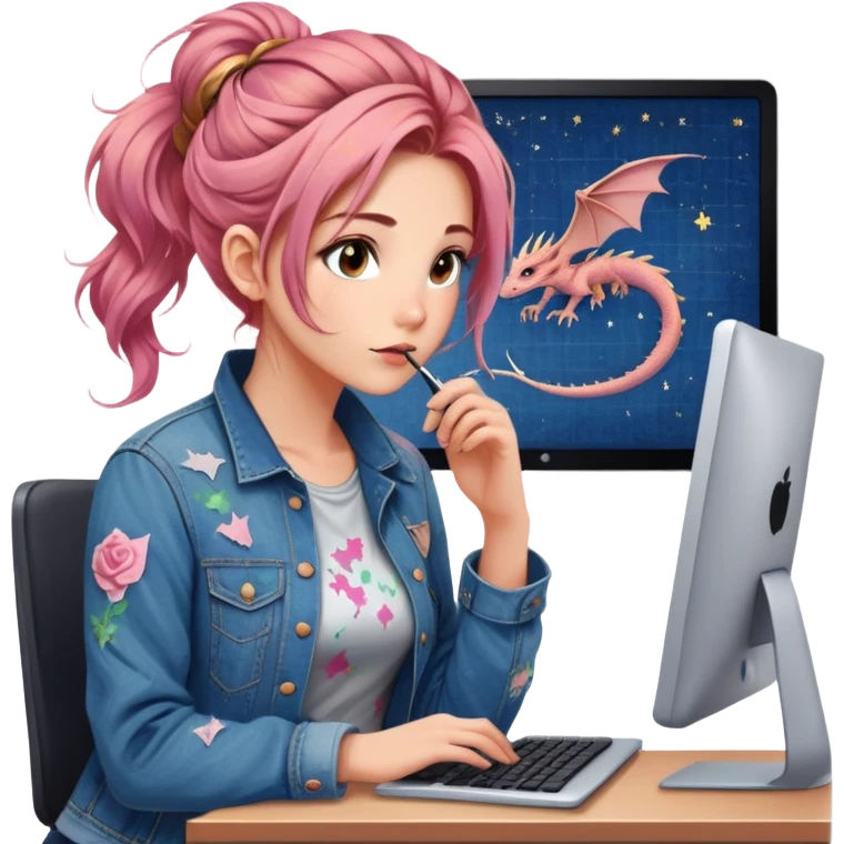 Gender: Female Hair: Rose-gold balayage in messy fishtail braid Face: Starry-eyed gaze looking past computer Clothes: Paint-splattered denim jacket over office dress Action: Doodles of dragons invading spreadsheet cells emoji