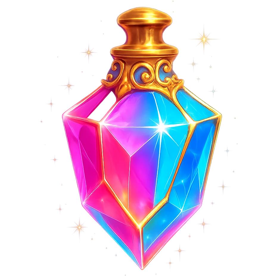 premium crystal elixir bottle in colorful chewing gum style, bright colors, lots of glow, edges, ornaments, golden details, magical effects, very small golden neck, transparent background, beautiful seamless bottom, bottle clearly floating in air, no base or shadow, very luxurious, playful, matching a collection emoji