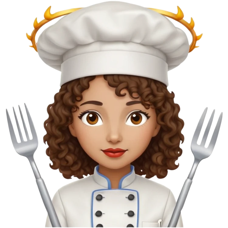 Mixed-race female chef with medium-length curly brown hair, wearing a chef's hat (toque), with both an angel halo and devil horns on her head emoji