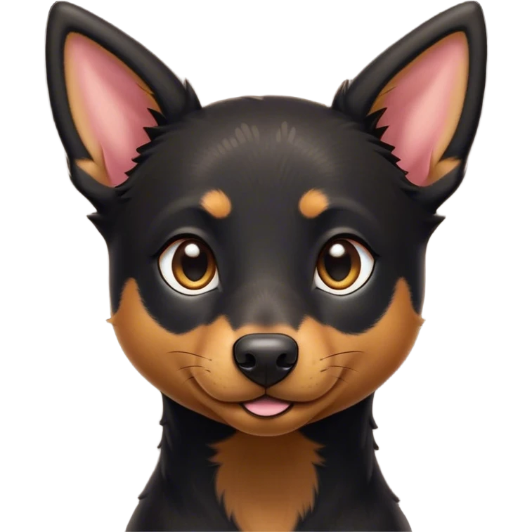Cinematic Cute Black and Tan Kelpie Portrait Emoji, Head tilted playfully and inquisitively, featuring a sleek black Fur with vibrant tan markings, round, sparkling dark eyes filled with curiosity, Simplified yet irresistibly adorable features, highly detailed, glowing with a warm, friendly glow, high shine, affectionate and spirited, stylized with a touch of whimsy, bright and endearing, soft glowing outline, capturing the essence of a mischievous yet loving herder, so playful it feels like it could leap out of the screen and into your arms! emoji