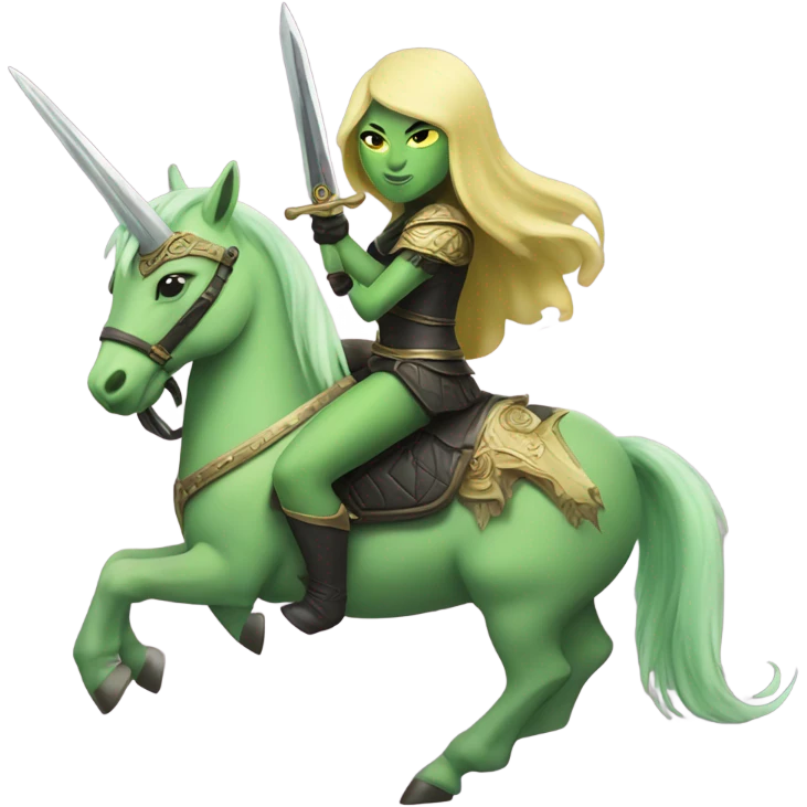 green amazon alien woman on a light yellow unicorn with black mane holding a sword and shield

a green amazon alien woman on a light yellow unicorn with black mane holding a sword and shield emoji