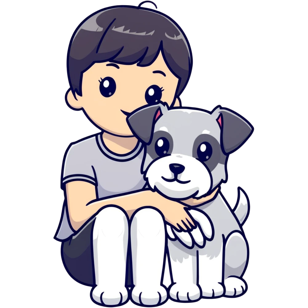 Girl with short black hair and bangs holding a white schnauzer dog emoji