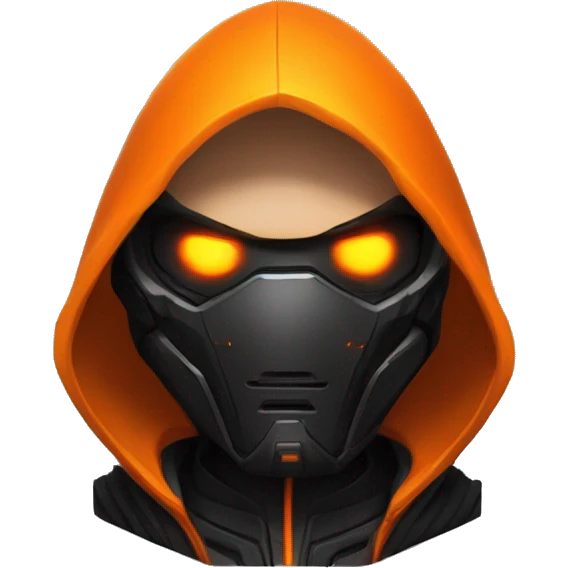  developer behind his laptop with this style : crysis Cyberpunk Valorant orange glowing bright orange character orange black hooded assassin themed character emoji