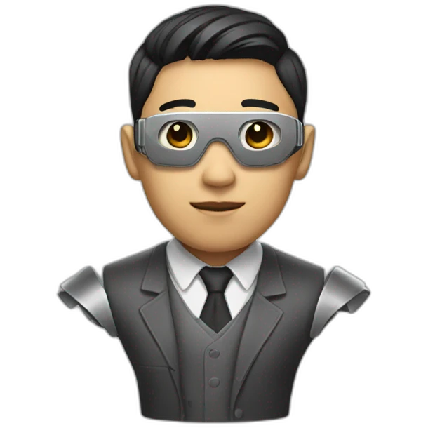Asian guy suited as a cyborg emoji
