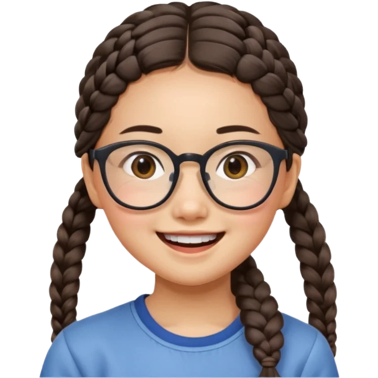 14-year-old Asian girl with a side braid, square glasses, face tilted, smiling loudly emoji