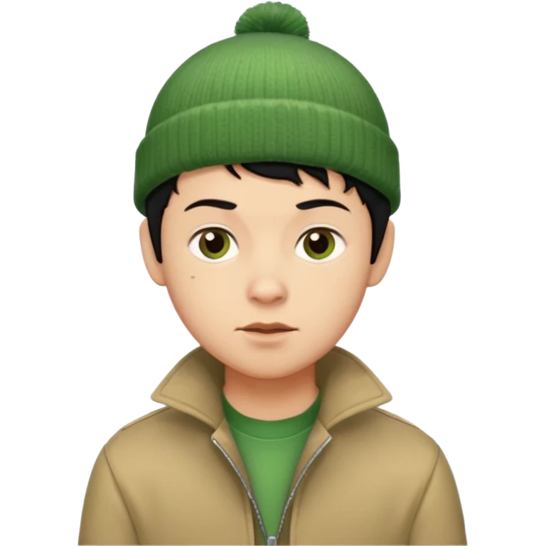 young man with pixie cut black hair, green beenie hat, tan jacket and pork chop sideburns emoji