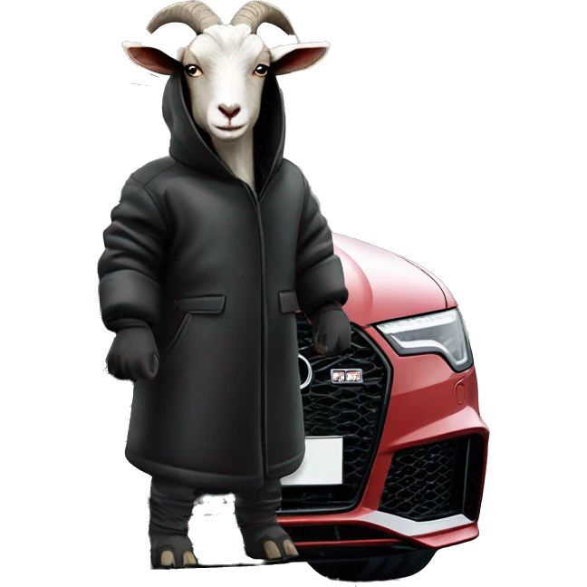 Goat in puffy black coat driving Audi RS6 emoji