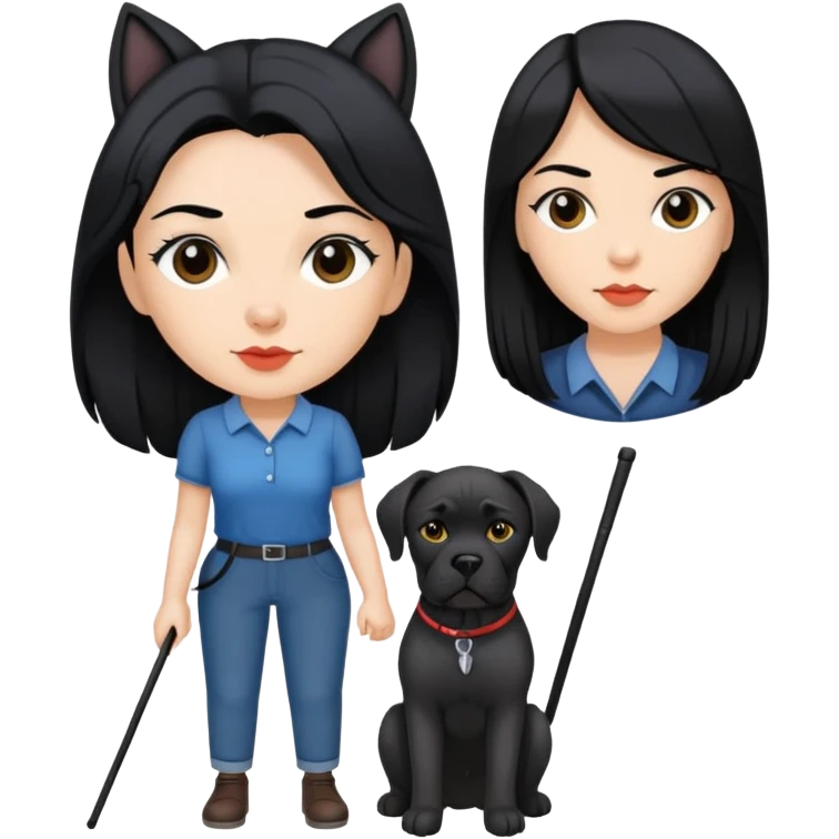 Woman with long black hair holding a black Cane Corso dog with cropped ears emoji