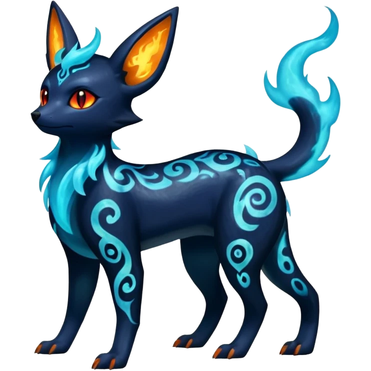 Shiny Fiery Dark Glowing Ethereal Eldritch Cool Edgy Badass Punky Aural Iridescent Fluorescent Bioluminescent Umbreon-Amaura-Salandit-Litten-Flareon-Fakémon-fusion (full body) with intricate pattern markings emoji