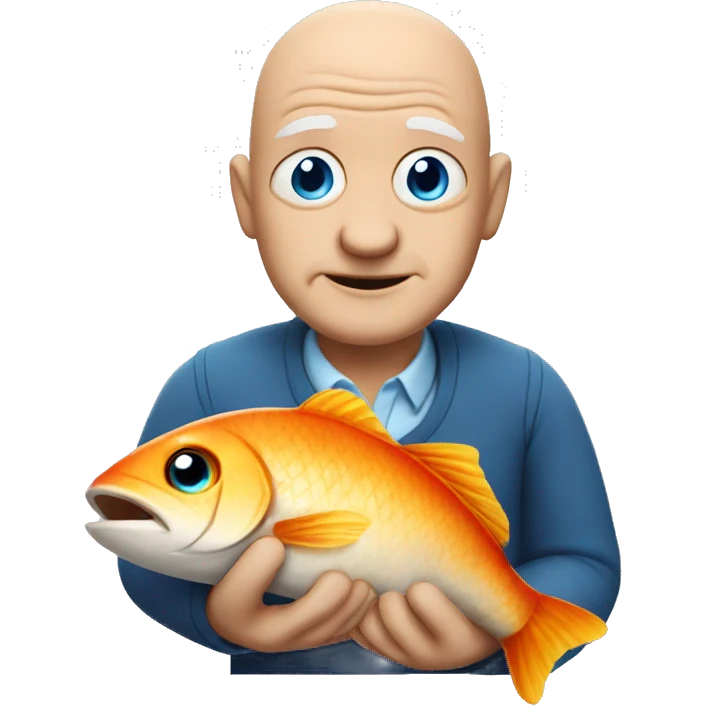 Bald old white man with blue eyes holding fish emoji